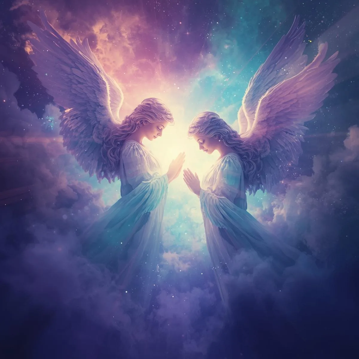 Two angels in a celestial setting.