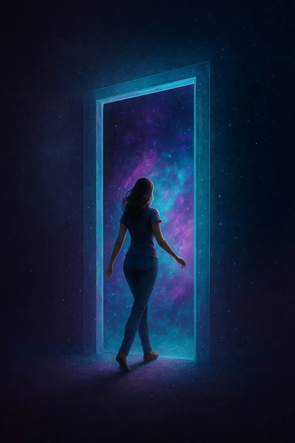 woman walking through cosmic doorway